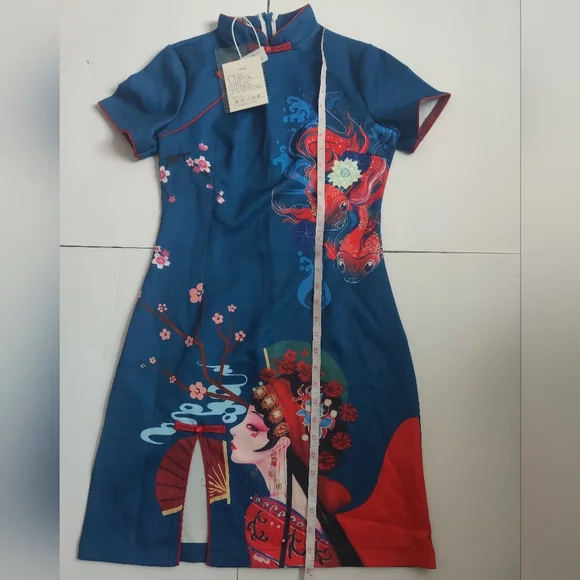 🆕 Authentic Chinese Blue & Red Qipao midi Dress Koi fish cherry blossom fans_Sm - Picture 10 of 11